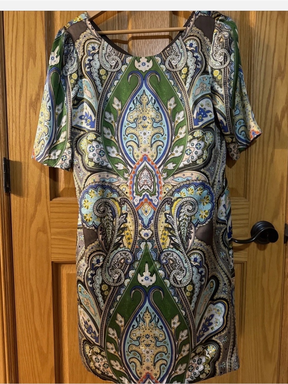 eci New York Paisley Scarf Printed Silk Satin Shift Short Sleeve Dress Sz 12
